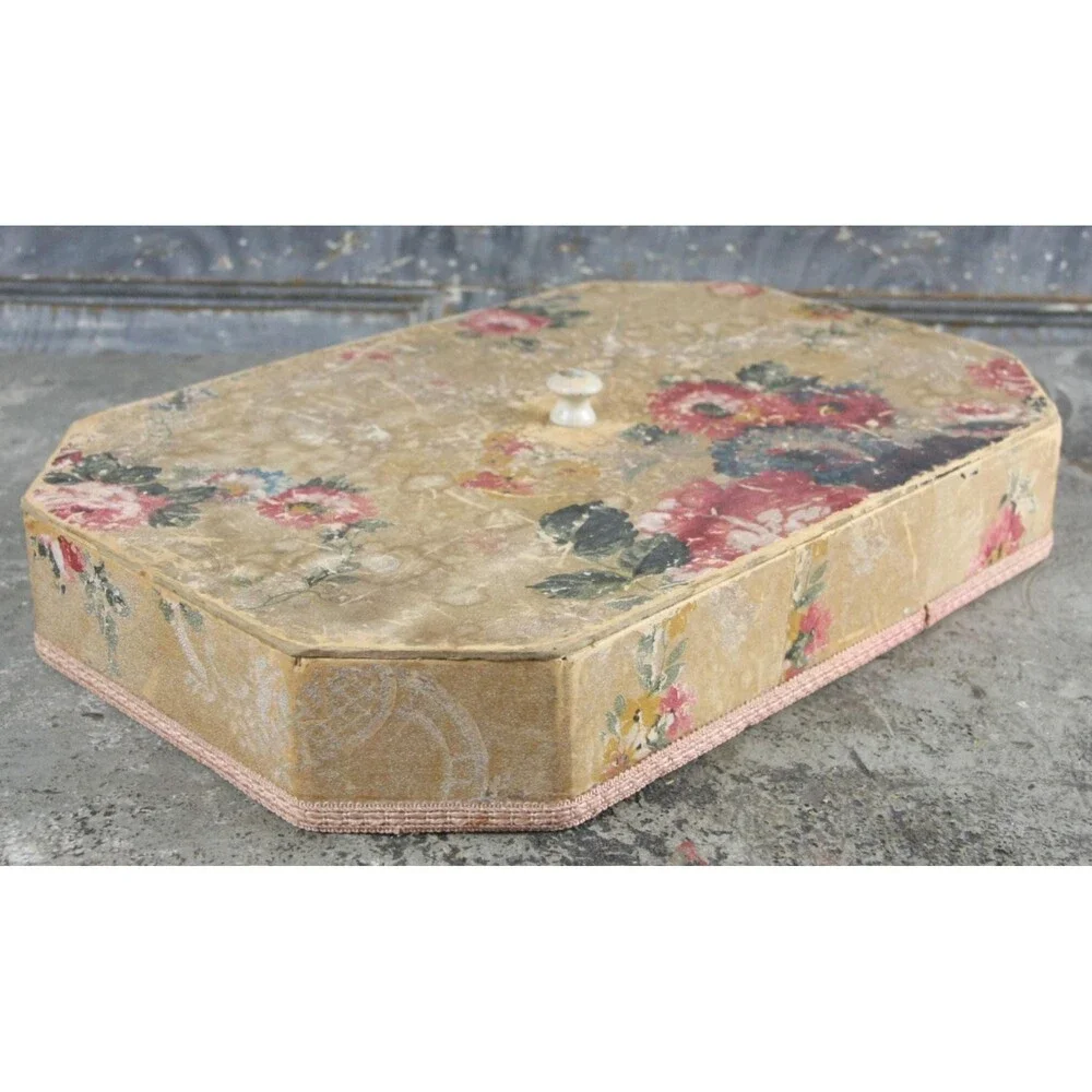 Antique Floral Wallpaper Covered Octagon-Shaped Sewing Box, circa early 1900s